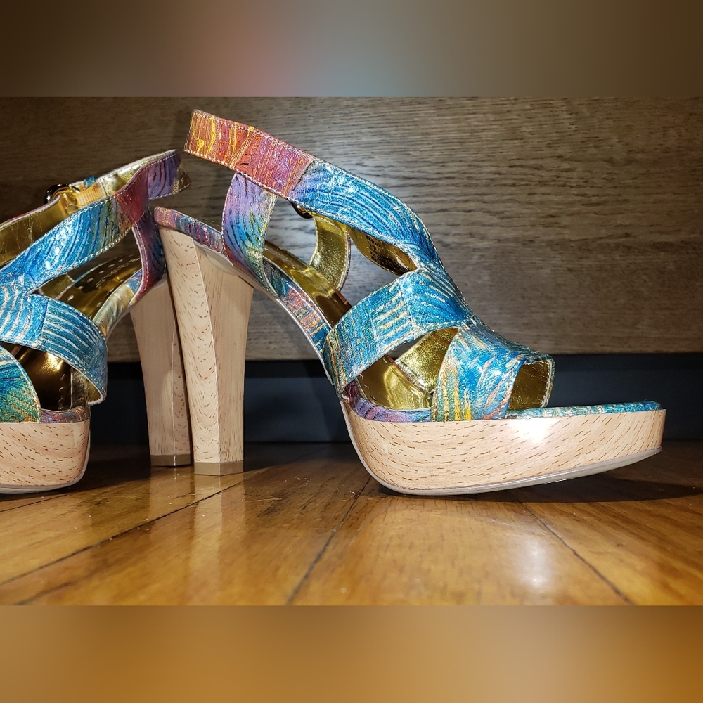 BCBGIRLS BG Wall Multicolor Snake Swirl Heels